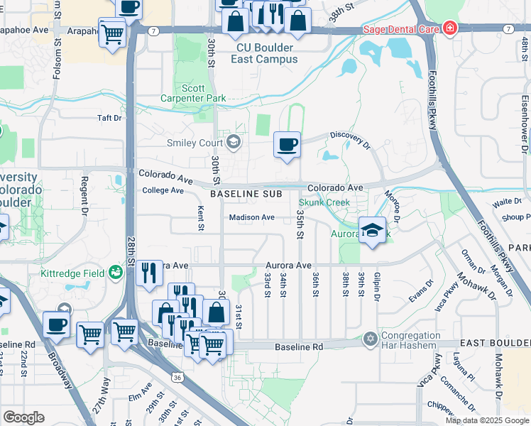 map of restaurants, bars, coffee shops, grocery stores, and more near 3293 Madison Avenue in Boulder