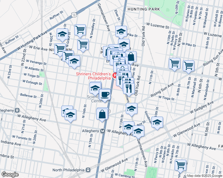 map of restaurants, bars, coffee shops, grocery stores, and more near N Broad St & W Tioga St in Philadelphia