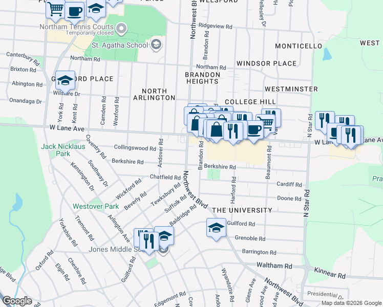 map of restaurants, bars, coffee shops, grocery stores, and more near 2442 Northwest Boulevard in Upper Arlington