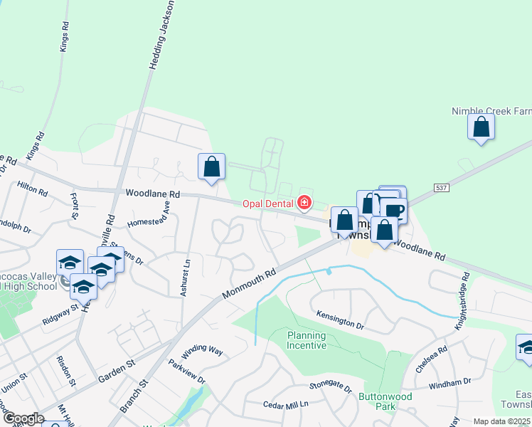 map of restaurants, bars, coffee shops, grocery stores, and more near 1100 Woodlane Road in Mount Holly