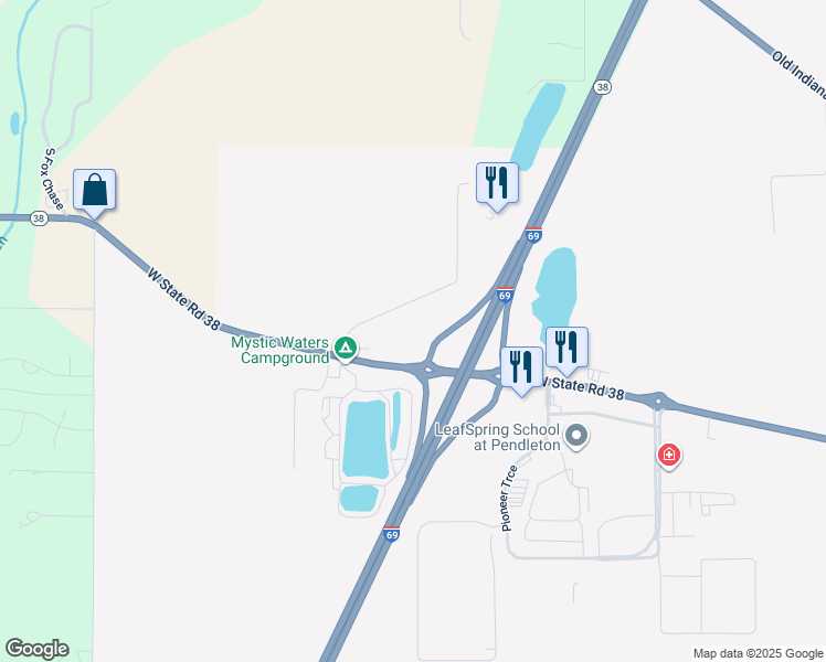 map of restaurants, bars, coffee shops, grocery stores, and more near 3132 Indiana 38 in Pendleton