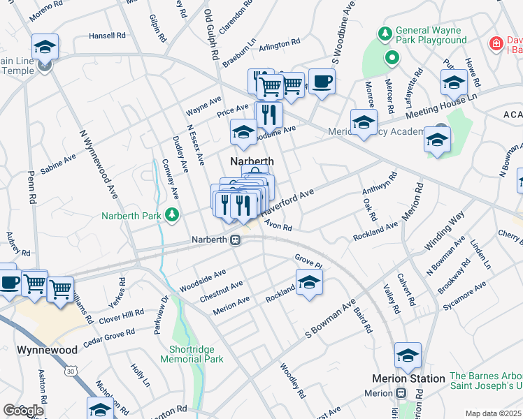 map of restaurants, bars, coffee shops, grocery stores, and more near in Narberth