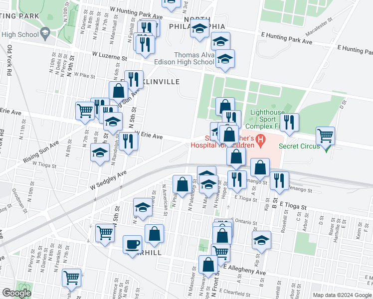 map of restaurants, bars, coffee shops, grocery stores, and more near 3640 North 2nd Street in Philadelphia