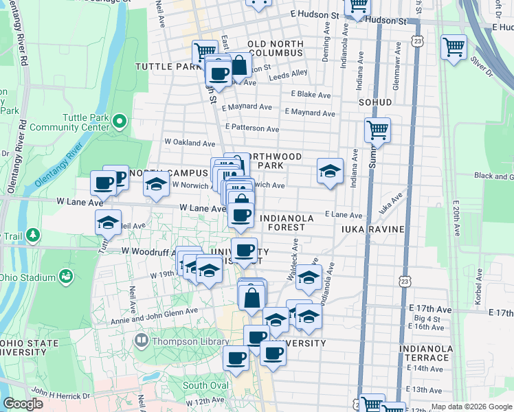 map of restaurants, bars, coffee shops, grocery stores, and more near 52 East Lane Avenue in Columbus