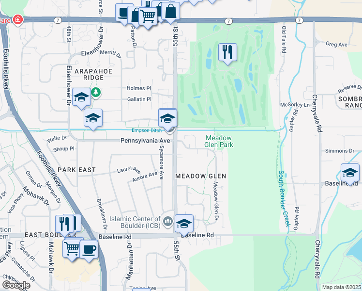 map of restaurants, bars, coffee shops, grocery stores, and more near 5550 Pennsylvania Avenue in Boulder