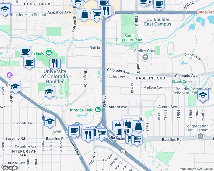 map of restaurants, bars, coffee shops, grocery stores, and more near 970 28th Street in Boulder