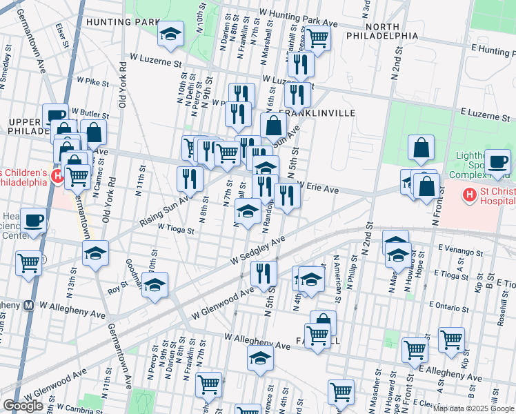map of restaurants, bars, coffee shops, grocery stores, and more near 545 West Venango Street in Philadelphia