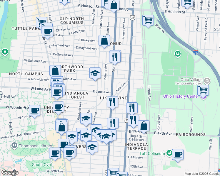 map of restaurants, bars, coffee shops, grocery stores, and more near 2111 Summit Street in Columbus