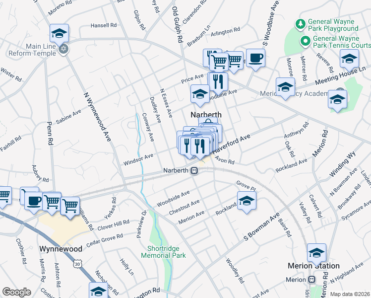 map of restaurants, bars, coffee shops, grocery stores, and more near 109 North Essex Avenue in Narberth