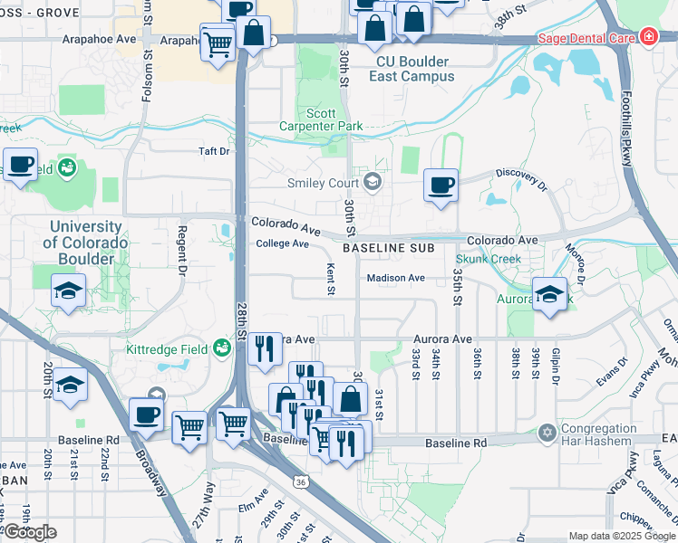 map of restaurants, bars, coffee shops, grocery stores, and more near 1121 30th Street in Boulder