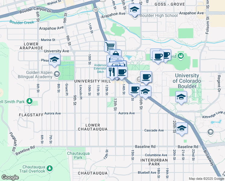 map of restaurants, bars, coffee shops, grocery stores, and more near 1058 13th Street in Boulder