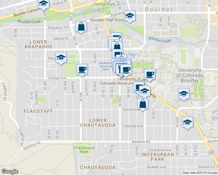 map of restaurants, bars, coffee shops, grocery stores, and more near 1053 12th Street in Boulder