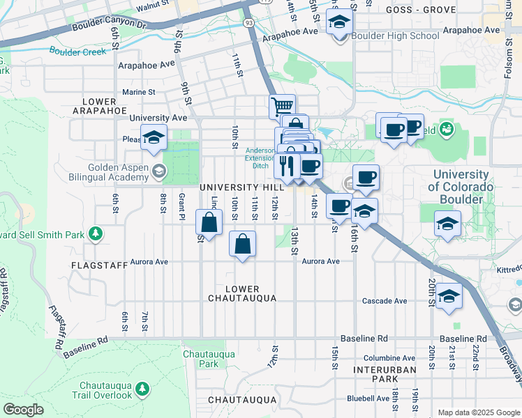 map of restaurants, bars, coffee shops, grocery stores, and more near in Boulder