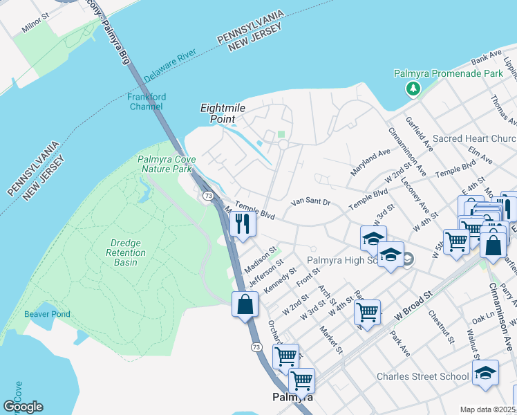 map of restaurants, bars, coffee shops, grocery stores, and more near 4075 Harbour Drive in Palmyra