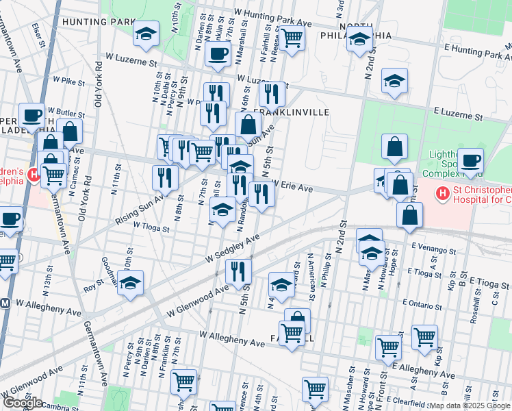 map of restaurants, bars, coffee shops, grocery stores, and more near 3612 North 5th Street in Philadelphia