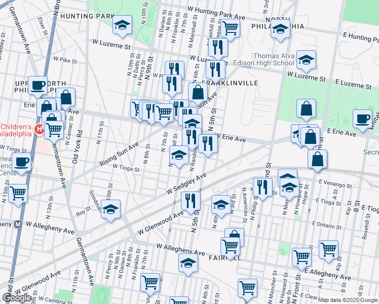 map of restaurants, bars, coffee shops, grocery stores, and more near 3613 North Randolph Street in Philadelphia