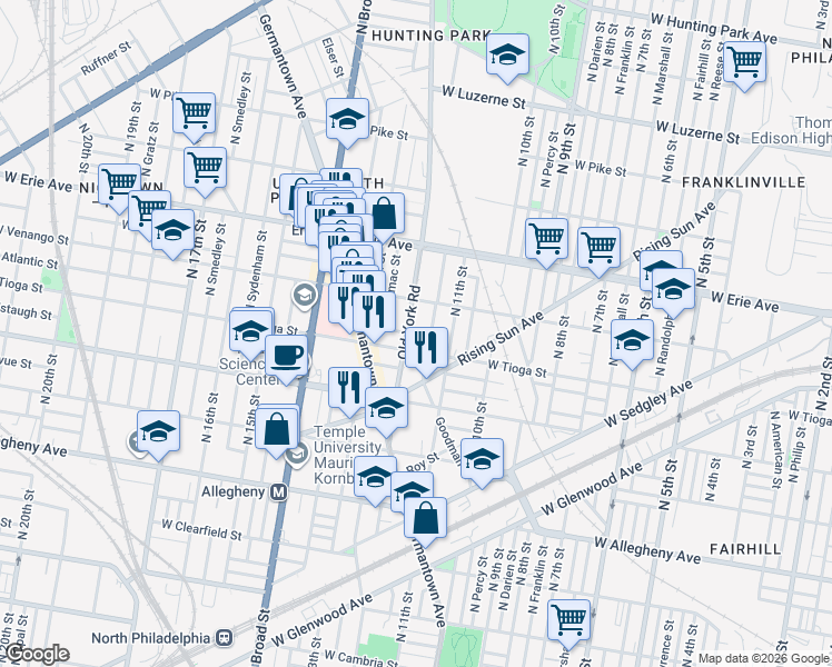 map of restaurants, bars, coffee shops, grocery stores, and more near 3526 Old York Road in Philadelphia