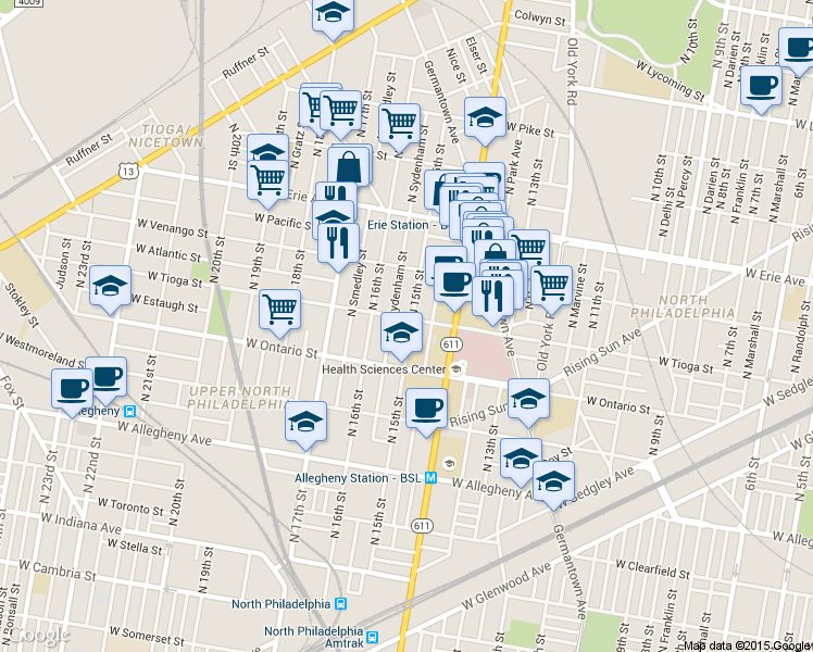 map of restaurants, bars, coffee shops, grocery stores, and more near 1526 West Tioga Street in Philadelphia