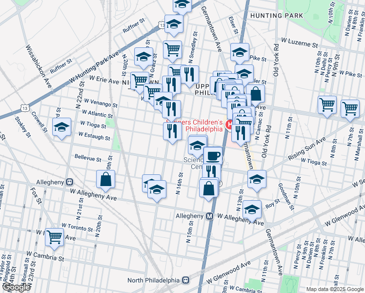 map of restaurants, bars, coffee shops, grocery stores, and more near 3444 North 16th Street in Philadelphia