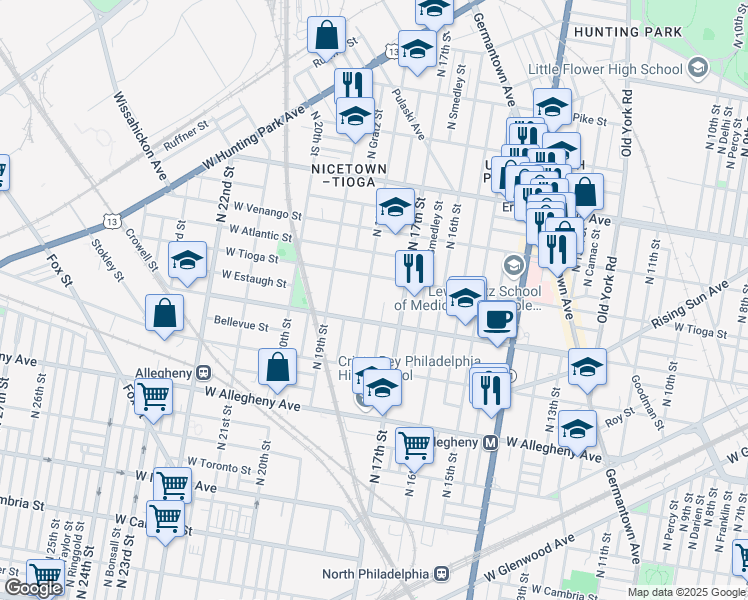 map of restaurants, bars, coffee shops, grocery stores, and more near 1712 West Tioga Street in Philadelphia
