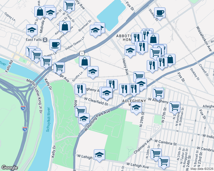 map of restaurants, bars, coffee shops, grocery stores, and more near 3229 North 33rd Street in Philadelphia