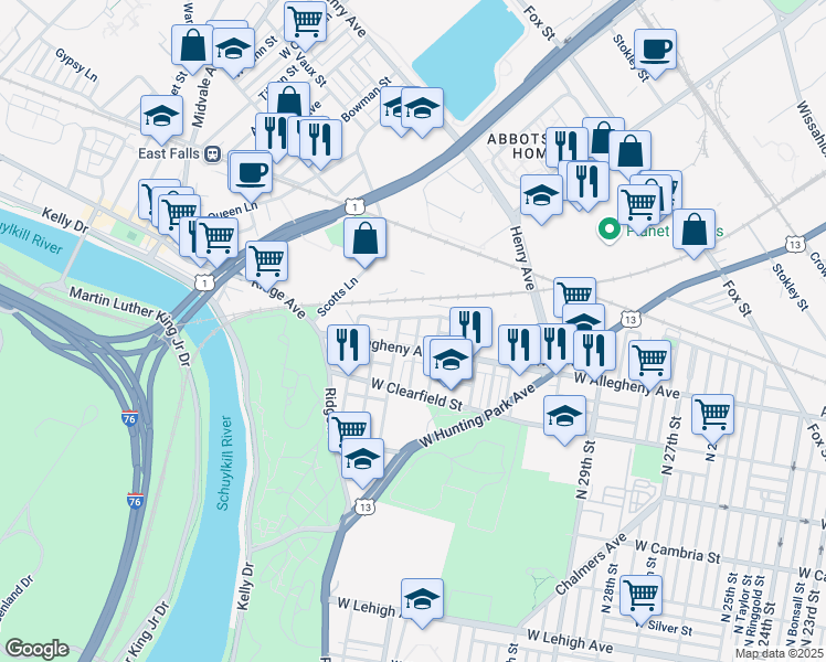 map of restaurants, bars, coffee shops, grocery stores, and more near 3223 North 34th Street in Philadelphia