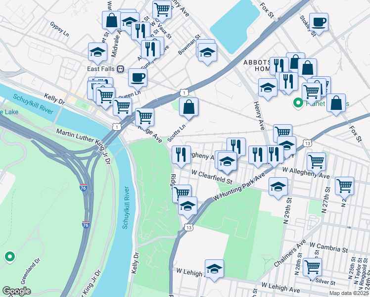 map of restaurants, bars, coffee shops, grocery stores, and more near in Philadelphia