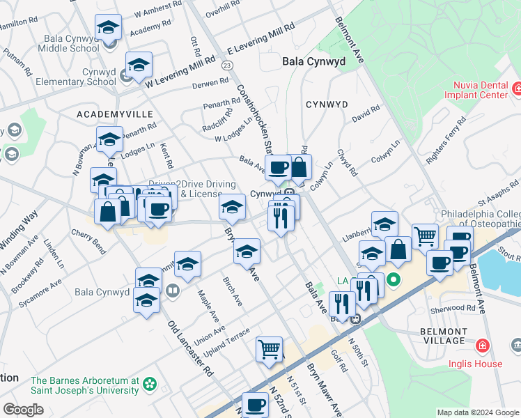 map of restaurants, bars, coffee shops, grocery stores, and more near 303 Cynwyd Road in Bala Cynwyd