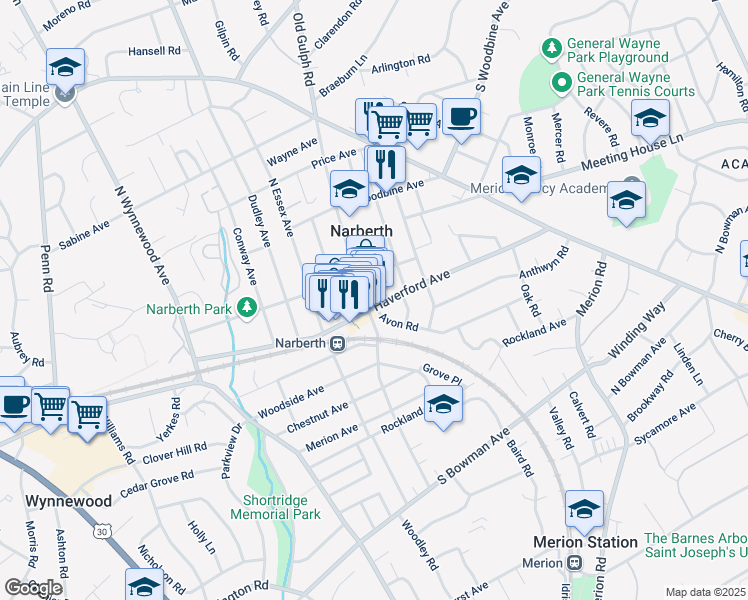 map of restaurants, bars, coffee shops, grocery stores, and more near in Narberth