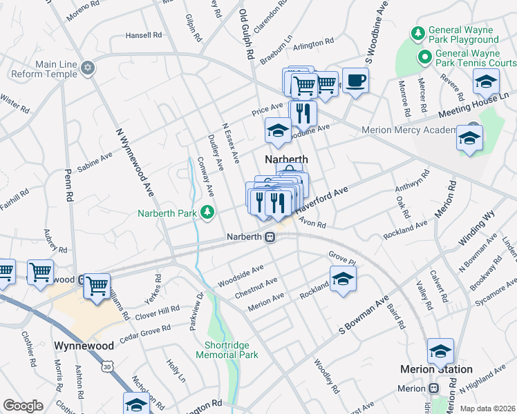 map of restaurants, bars, coffee shops, grocery stores, and more near 109 North Essex Avenue in Narberth