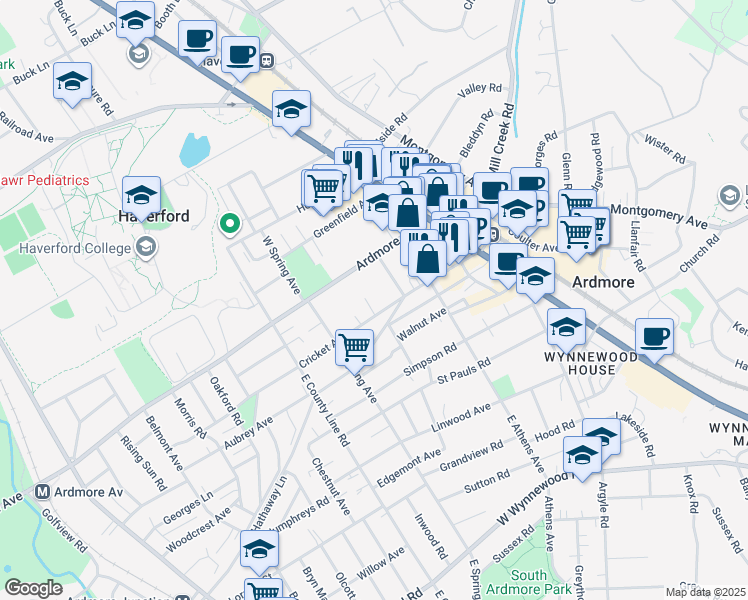 map of restaurants, bars, coffee shops, grocery stores, and more near 24 1/2 School Lane in Ardmore