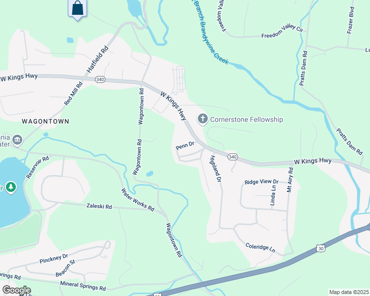 map of restaurants, bars, coffee shops, grocery stores, and more near 113 Penn Drive in Coatesville