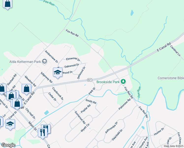 map of restaurants, bars, coffee shops, grocery stores, and more near 1667 East Canal Road in Dover