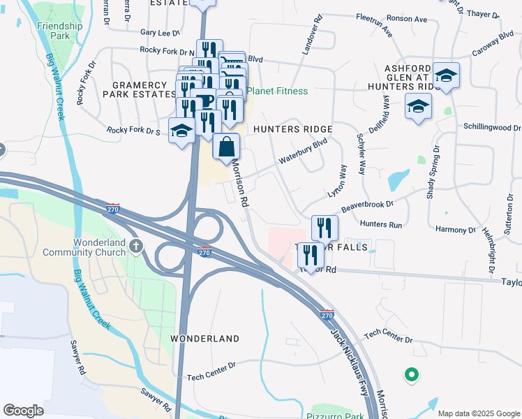 map of restaurants, bars, coffee shops, grocery stores, and more near 150 Arbors Circle in Gahanna