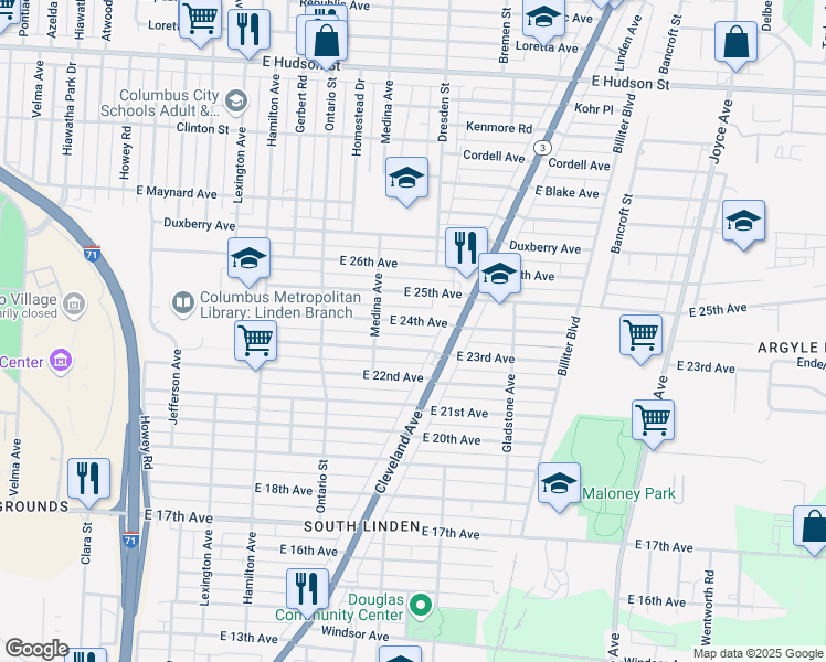 map of restaurants, bars, coffee shops, grocery stores, and more near 1294 East 24th Avenue in Columbus