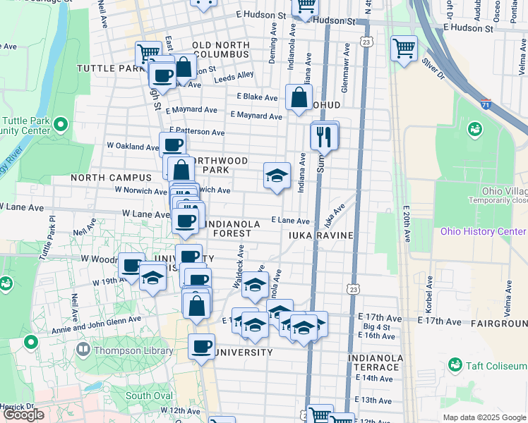 map of restaurants, bars, coffee shops, grocery stores, and more near 194 East Lane Avenue in Columbus