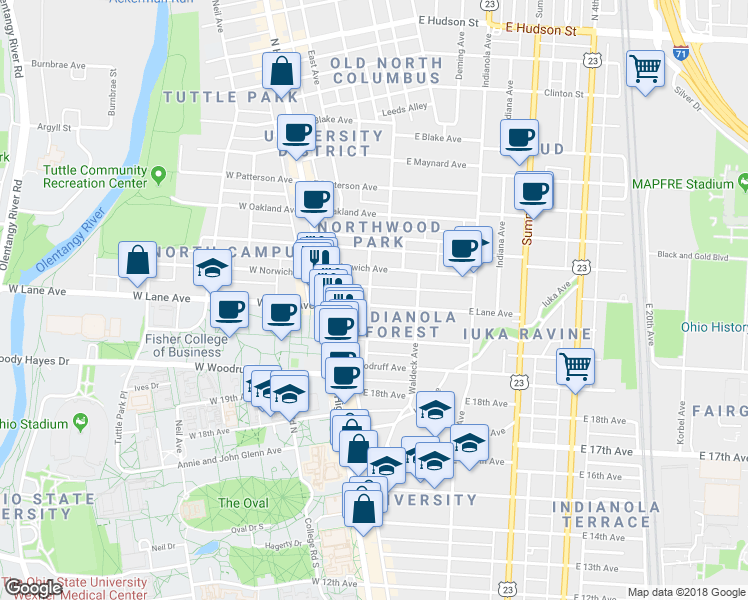 map of restaurants, bars, coffee shops, grocery stores, and more near 2154 Tuller Street in Columbus