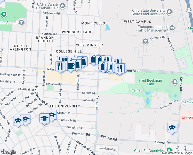 map of restaurants, bars, coffee shops, grocery stores, and more near 1445-1459 West Lane Avenue in Upper Arlington