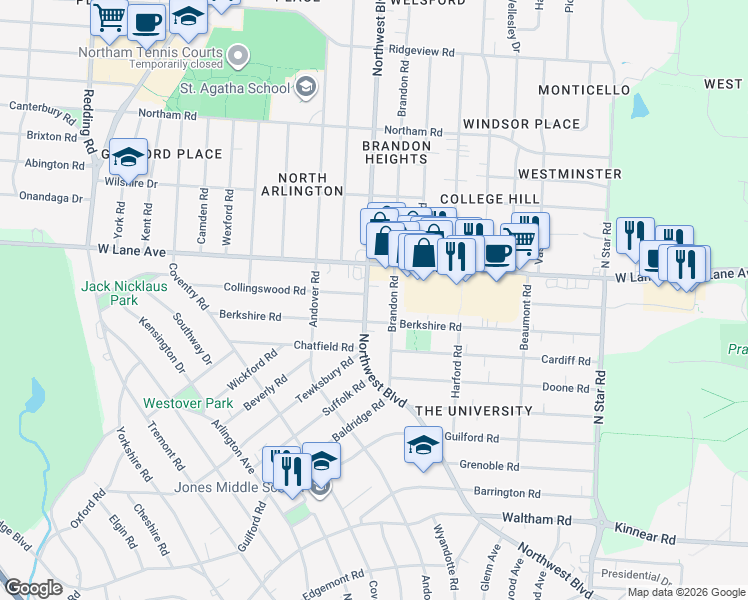 map of restaurants, bars, coffee shops, grocery stores, and more near 2442 Northwest Boulevard in Upper Arlington