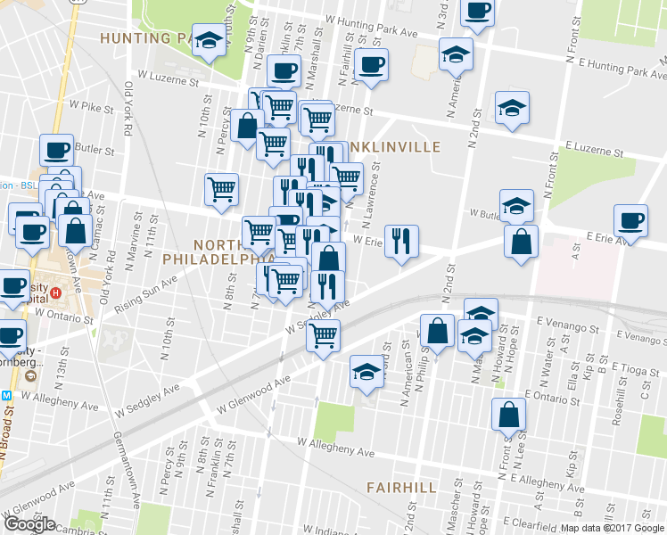 map of restaurants, bars, coffee shops, grocery stores, and more near 3612 North 5th Street in Philadelphia
