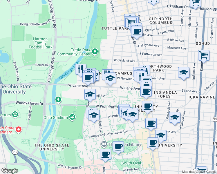 map of restaurants, bars, coffee shops, grocery stores, and more near W Lane Ave & Neil Ave in Columbus