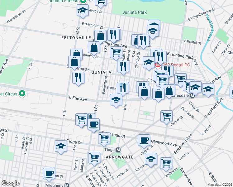 map of restaurants, bars, coffee shops, grocery stores, and more near 3850 Lawndale Street in Philadelphia