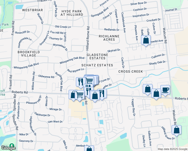 map of restaurants, bars, coffee shops, grocery stores, and more near 5445 Schatz Lane in Hilliard