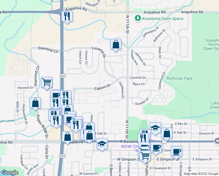 map of restaurants, bars, coffee shops, grocery stores, and more near 651 Amelia Lane in Lafayette