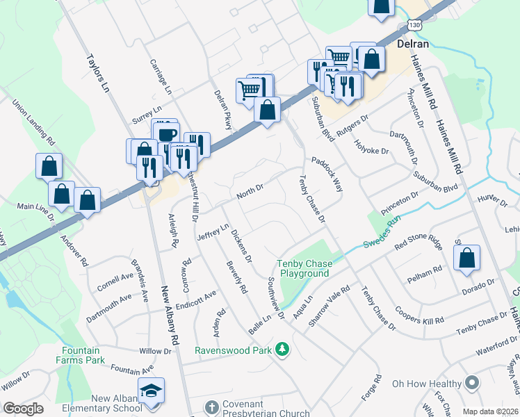 map of restaurants, bars, coffee shops, grocery stores, and more near 206 Bentwood Drive in Delran