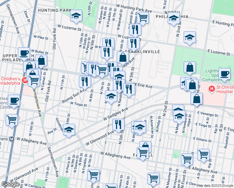 map of restaurants, bars, coffee shops, grocery stores, and more near 539 West Venango Street in Philadelphia