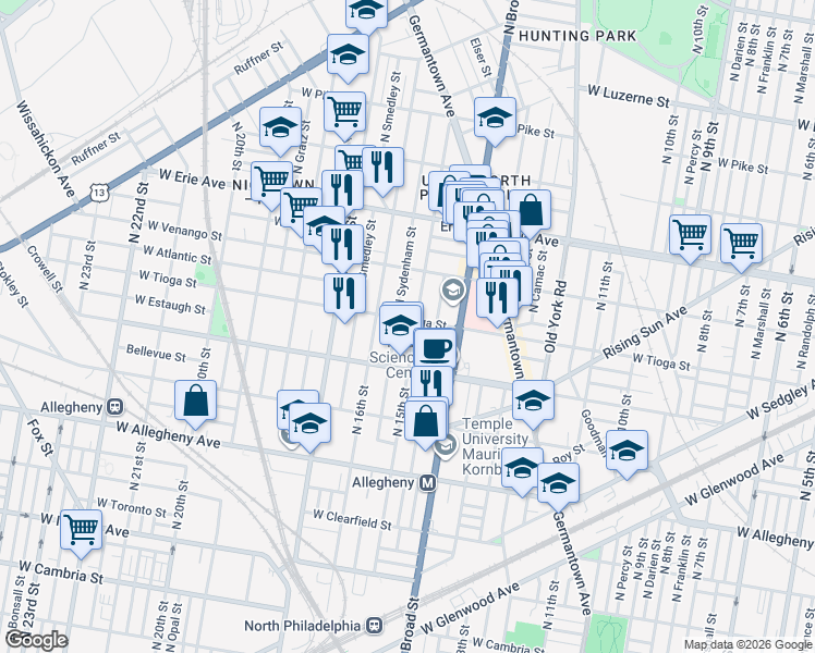 map of restaurants, bars, coffee shops, grocery stores, and more near 1526 West Tioga Street in Philadelphia