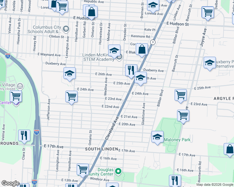 map of restaurants, bars, coffee shops, grocery stores, and more near 1294 East 24th Avenue in Columbus