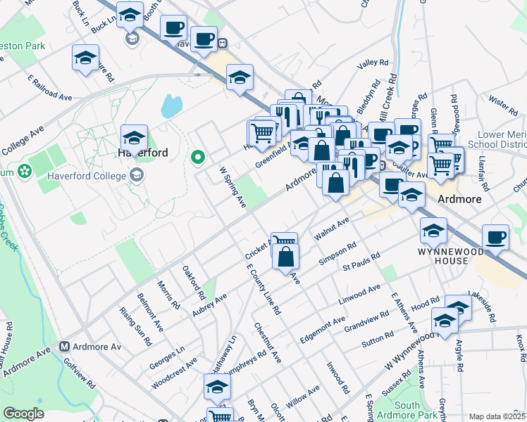 map of restaurants, bars, coffee shops, grocery stores, and more near 129 Ardmore Avenue in Ardmore