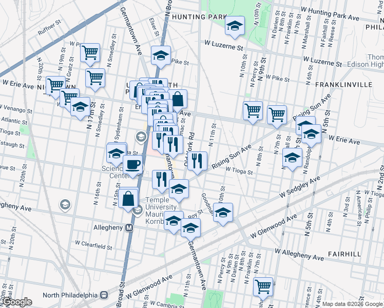 map of restaurants, bars, coffee shops, grocery stores, and more near 3526 Old York Road in Philadelphia